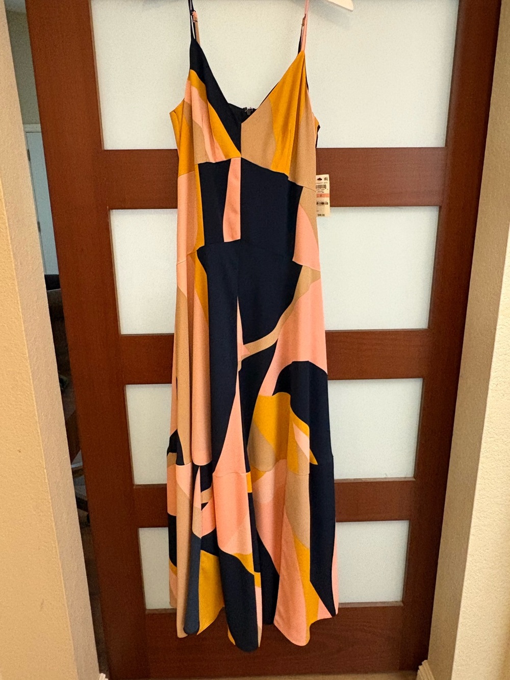 Bar III Abstract Colorblock Maxi Slip Dress in Peach, Navy & Mustard